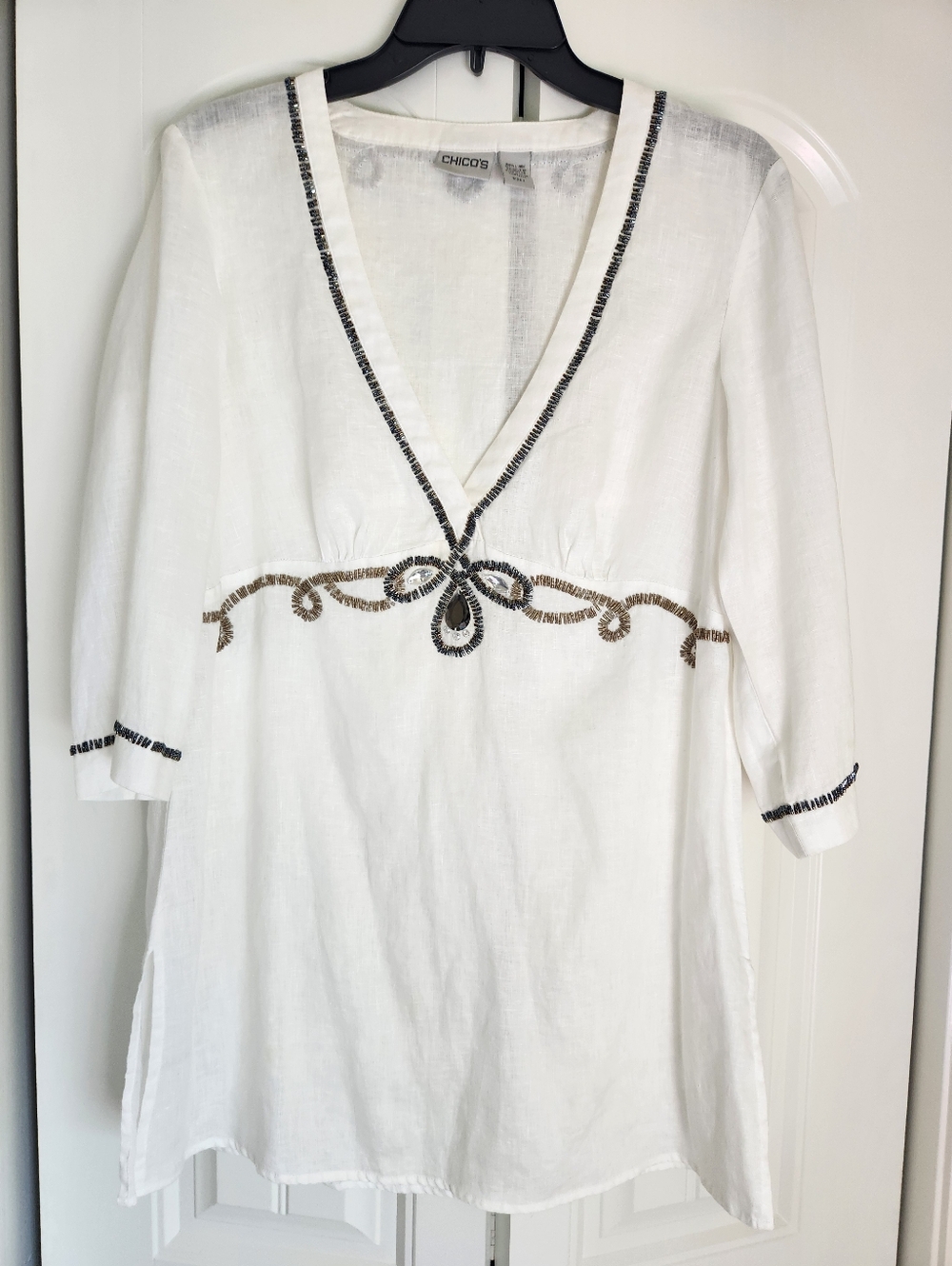 Chico's Sawyer White Linen Beaded Boho Swimsuit Cover Up/Tunic/Resort Top Sz 1